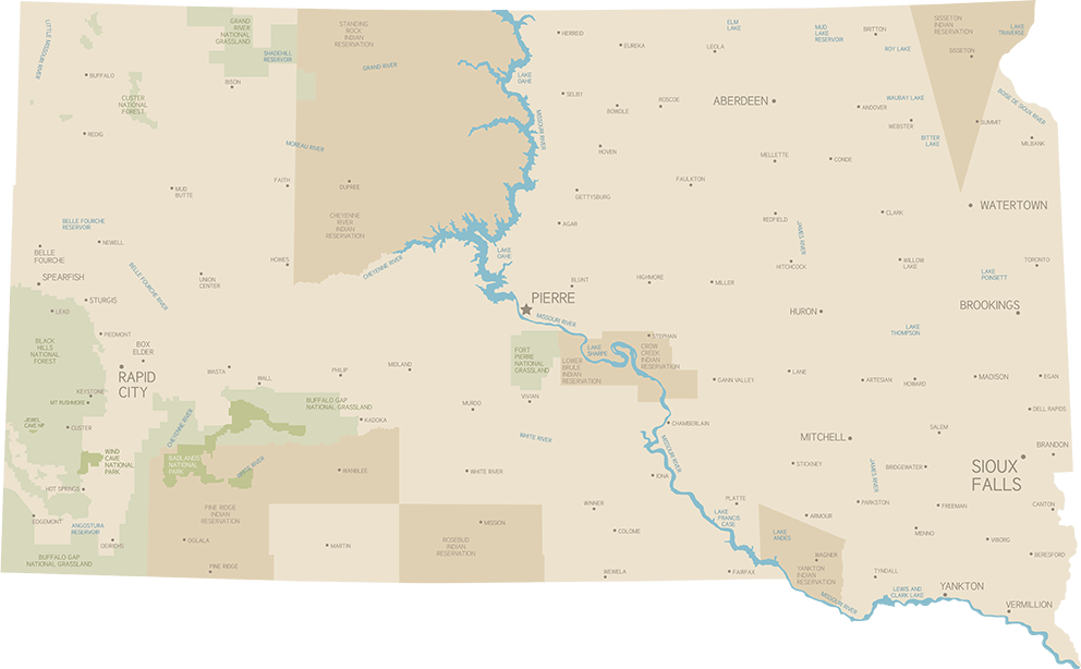 South dakota, Missouri River Map.
